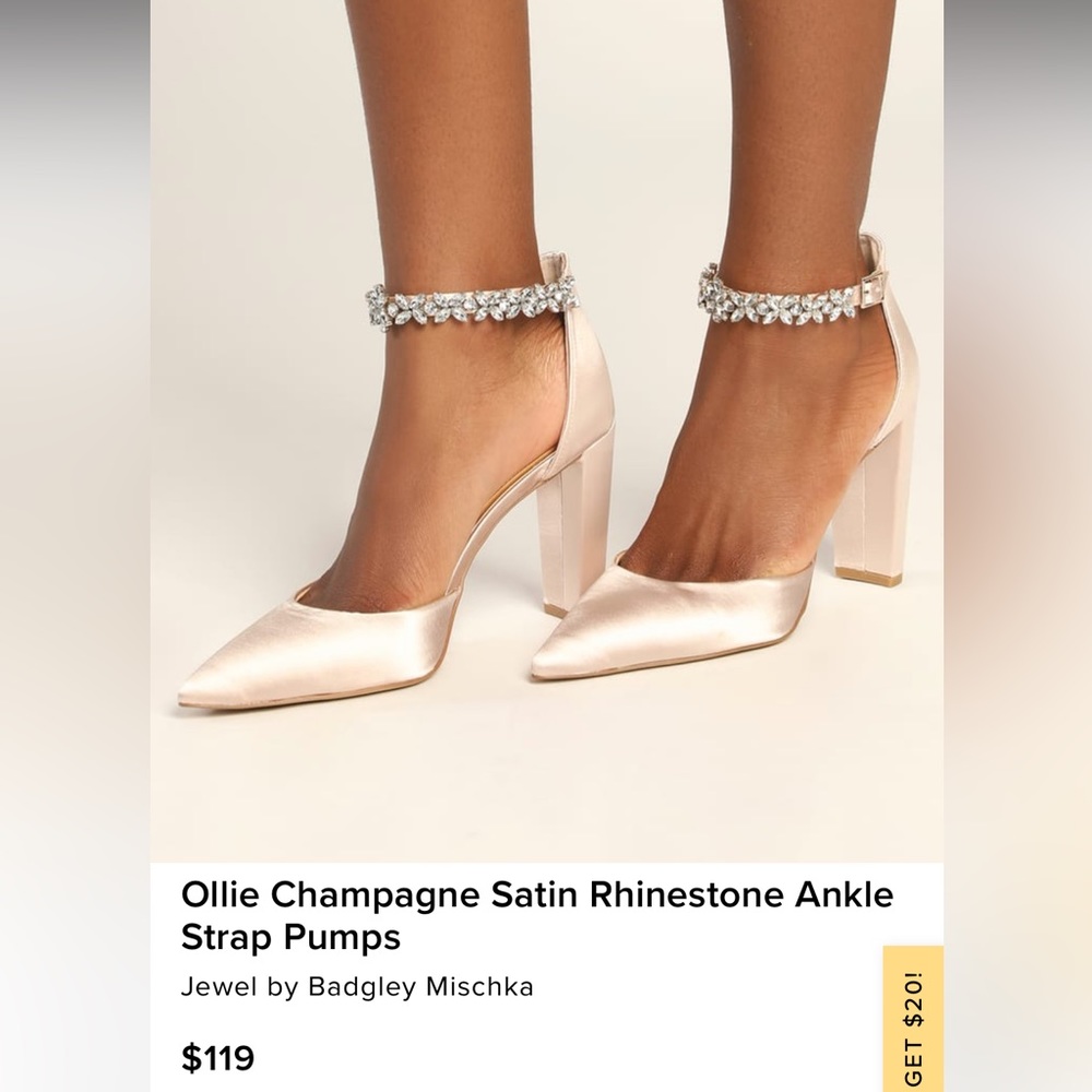 Jewel Badgley Mischka Ollie champagne satin rhinestone ankle strap pumps 7 1/2